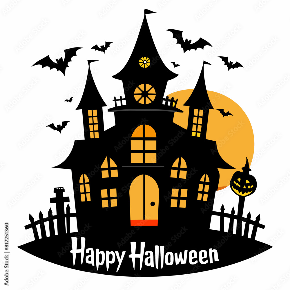 Silhouette Halloween house,text: Happy Halloween on white background