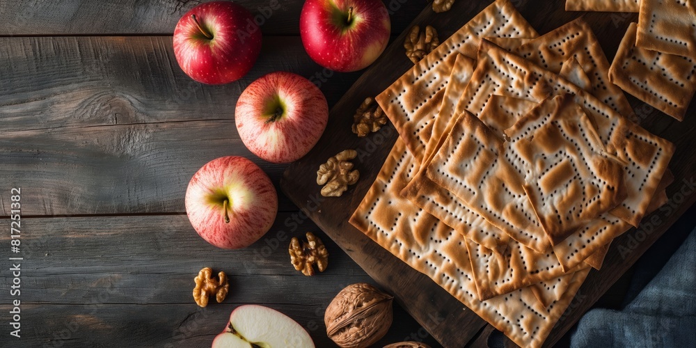 Sliced apples and whole wheat crackers served on a rustic wooden cutting board Sliced apples and whole wheat crackers served on a rustic wooden cutting board