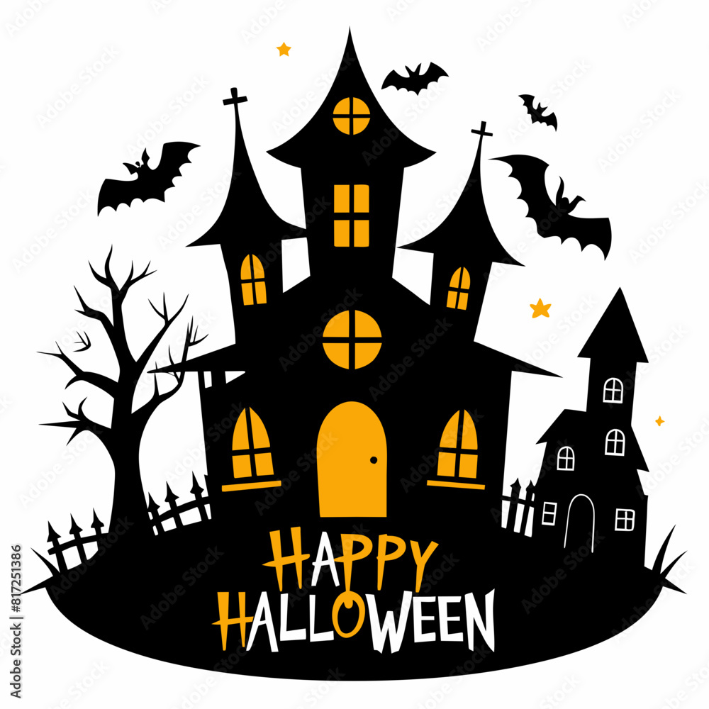Silhouette Halloween house,text: Happy Halloween on white background