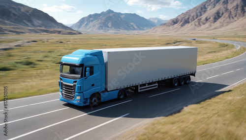 Semi truck driving on a road. Semi truck shipping commercial cargo in refrigerated semi trailer. Truck is driving fast with a blurry environment. Concept of cargo transportation and delivery of goods.