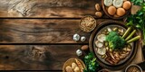 A selection of balanced food items like eggs, nuts, and vegetables on a rustic wooden background