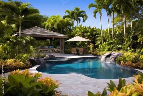 Tropical backyard with a luxury swimming pool  lounge chairs and lush foliage.