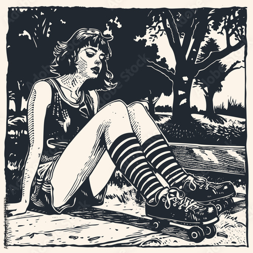 A girl in striped knee socks and retro roller skates,  vector illustration	