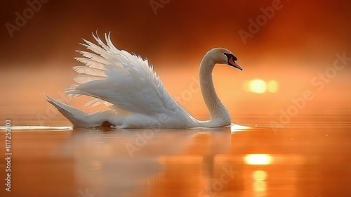   A white swan gracefully glides atop a serene lake  surrounded by an orange-red sunset