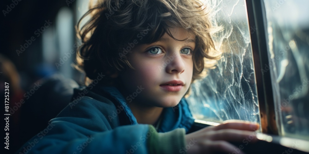 A lonely sad boy looks through the window of a moving train. Homeless orphan. Generative AI. A lonely sad boy looks through the window of a moving train. Homeless orphan. Generative AI.