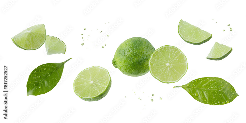 Fresh lime fruit whole and slices with leaves falling flying isolated on white background. Fresh lime fruit whole and slices with leaves falling flying isolated on white background.