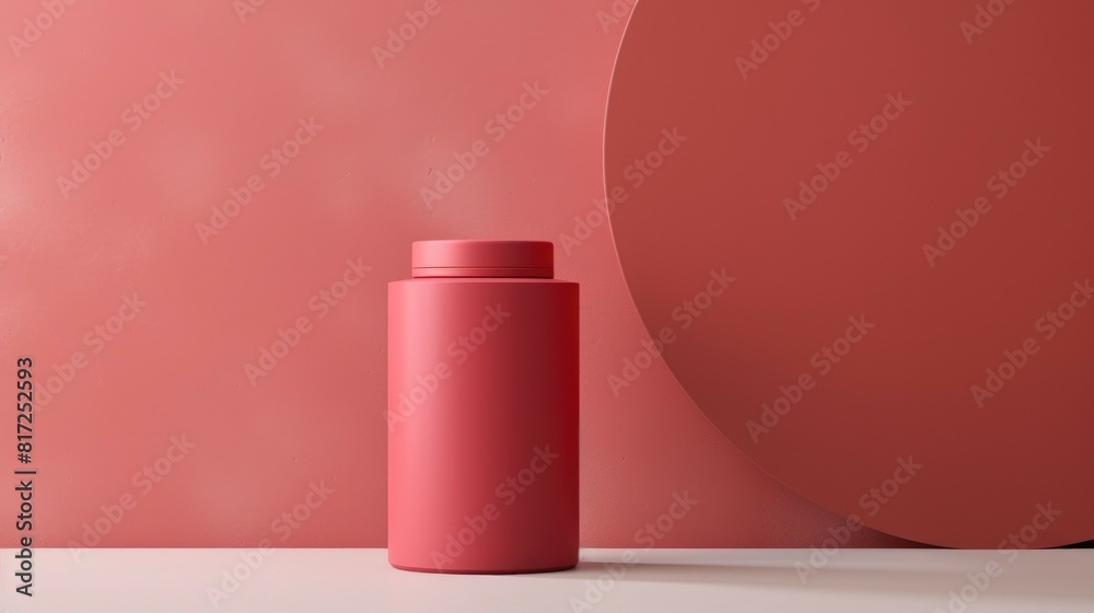 Modern Beauty Product Packaging in Red on Pink Background. Stylish red cosmetic containers displayed against a modern pink, layered background. Perfect for skincare and beauty product promotion Modern Beauty Product Packaging in Red on Pink Background. Stylish red cosmetic containers displayed against a modern pink, layered background. Perfect for skincare and beauty product promotion