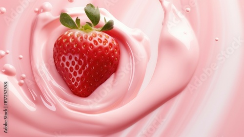 Strawberries in a Splash of Pink Cream. Two fresh strawberries splashing into pink cream, creating a dynamic and appetizing visual on a light background