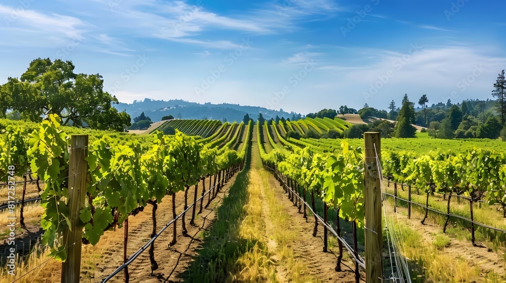 Naklejka premium A picturesque vineyard with rows of grapevines stretching into the distance