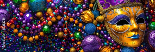 A vibrant panorama of a traditional Mardi Gras mask surrounded by an assortment of colorful beads and decorations