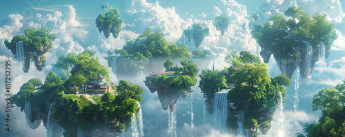 Create a photorealistic 3D rendering of a utopian dreamscape seen through the eyes of a bird soaring high above