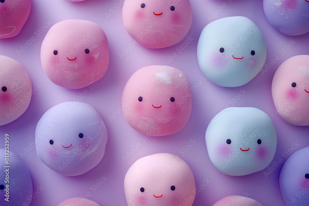Cute little round marshmallows or mochi with happy faces, pastel colors, on a purple background Cute little round marshmallows or mochi with happy faces, pastel colors, on a purple background