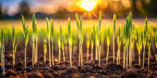 Fresh green sprouts of young rye or wheat have just sprouted in the soil. New promising variety. Fertile soil. Ideal agricultural technology. Fundamentals of high yields. The beginning of a new spring photo