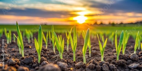 Fresh green sprouts of young rye or wheat have just sprouted in the soil. New promising variety. Fertile soil. Ideal agricultural technology. Fundamentals of high yields. Agricultural business.