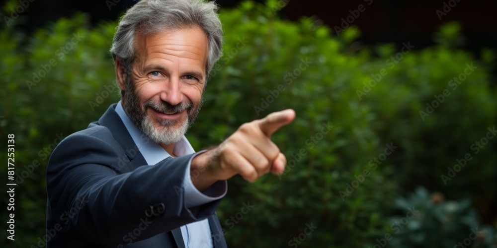 Close up of businessman hand pointing for direction, against the backdrop of bushes. Generative AI. Close up of businessman hand pointing for direction, against the backdrop of bushes. Generative AI.