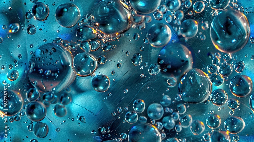   A detailed image of numerous bubbles on a dark blue-black backdrop, with water drops beneath them