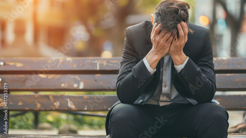 A suited businessman, seated on a bench, hides his face in despair.