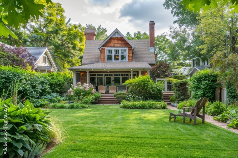 classic suburban american house backyard with green lawn  in peaceful suburbia in good neighborhood