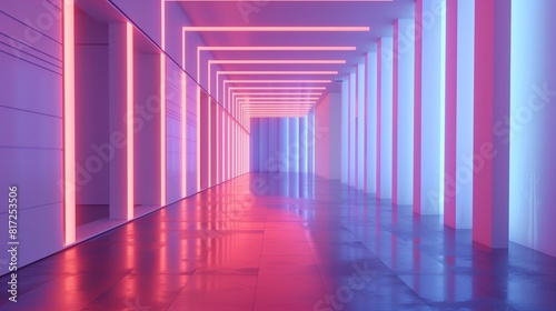 A modern art gallery with a thought-provoking installation made of neon lights  casting a futuristic glow against a stark white backdrop.