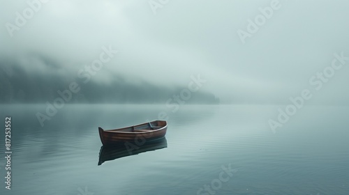 A misty morning on a tranquil lake, with a lone rowboat drifting peacefully photo