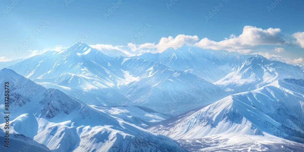 Fototapeta premium Panoramic view of snow mountains range landscape. Generative AI.