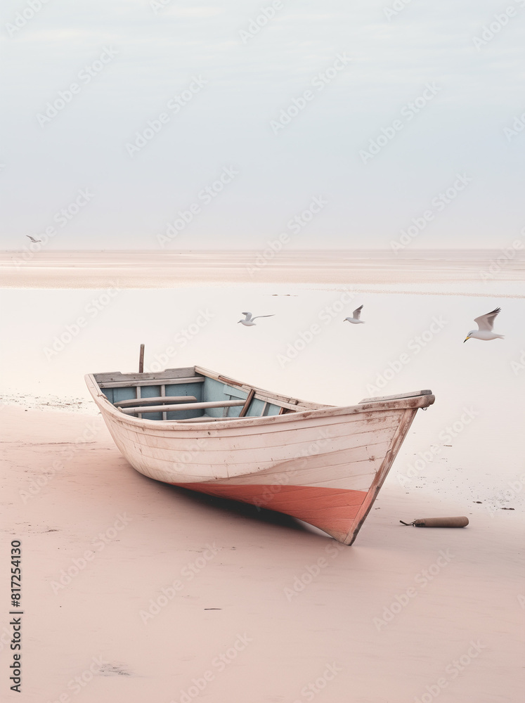 Boat on the beach with blue sky in sunset. Summer concept.