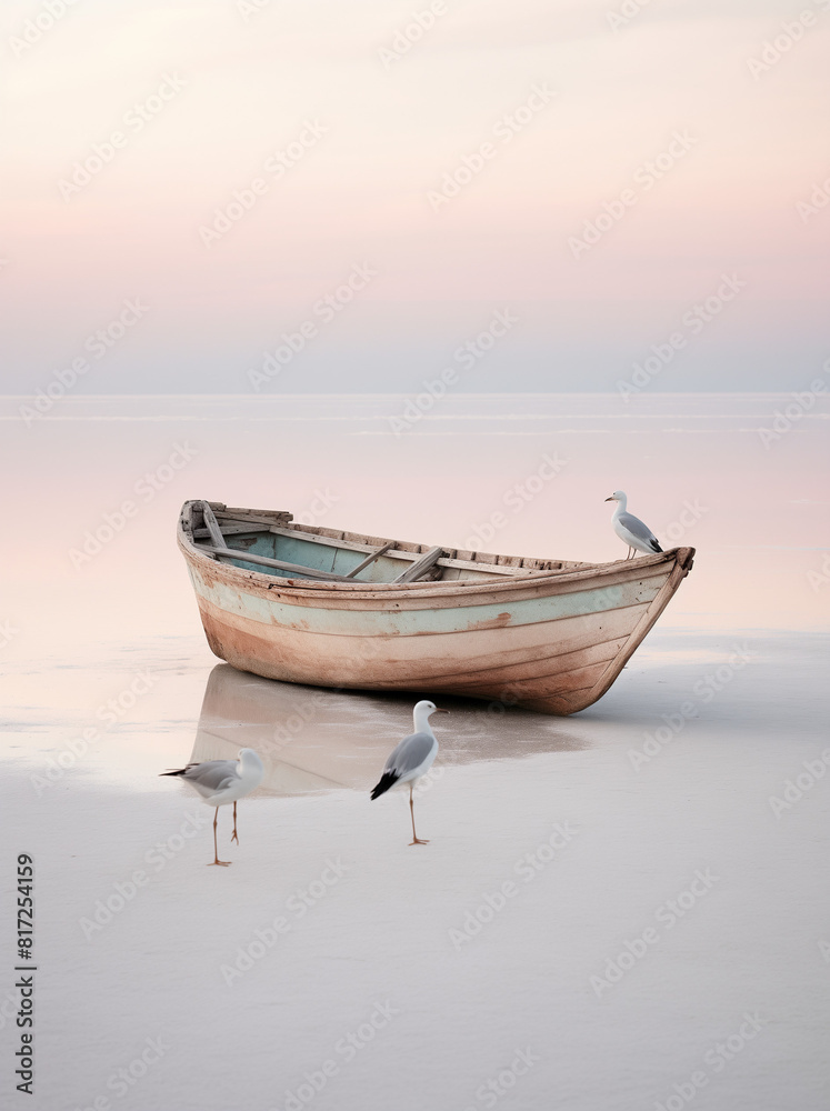 Naklejka premium Boat on the beach with blue sky in sunset. Summer concept.