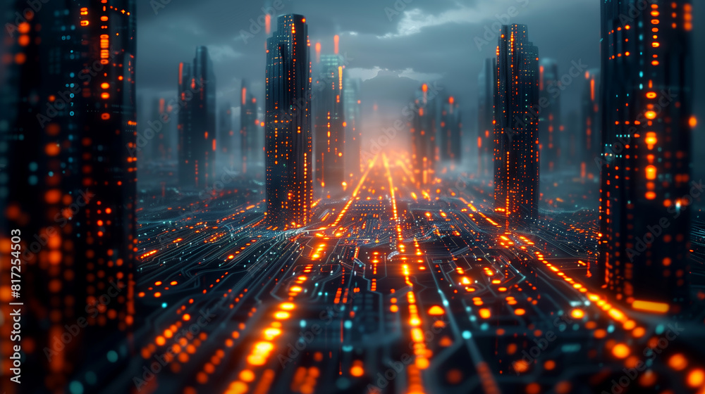 A futuristic cityscape emerges from a circuit board, Skyscrapers are adorned with binary code patterns. A futuristic cityscape emerges from a circuit board, Skyscrapers are adorned with binary code patterns.