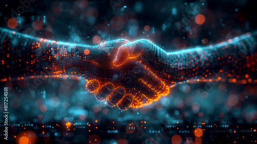 A digital handshake composed of binary code. symbolizes the secure and transparent exchange of data facilitated by blockchain technology photo