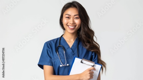 Portrait of a cheerful nurse holding a blank poster in a modern health clinic. Nurse standing on friendly background. The concept of health insurance.