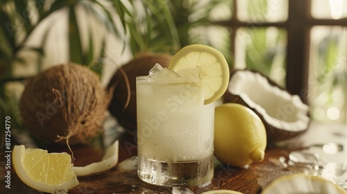 Enjoy a refreshing glass of Es degan a delightful mix of ice young coconut and a splash of zesty lemon photo