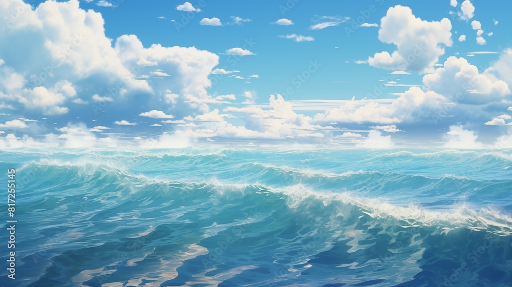A Serene Ocean View with Waves and a Partly Cloudy Sky on a Bright Day