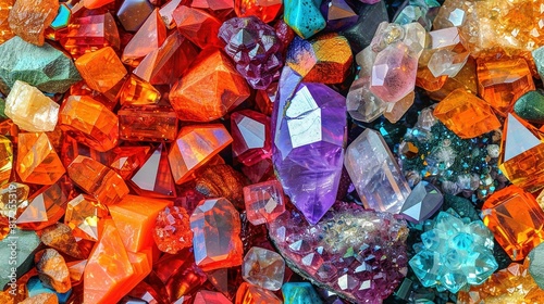  A group of multi-colored crystals stacked atop a mound of various-colored crystals, which in turn rests atop a heap of diverse-colored stones