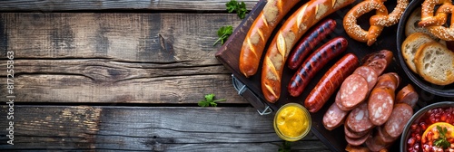 Sausage varieties arranged with pretzels and condiments on a wooden rustic board photo