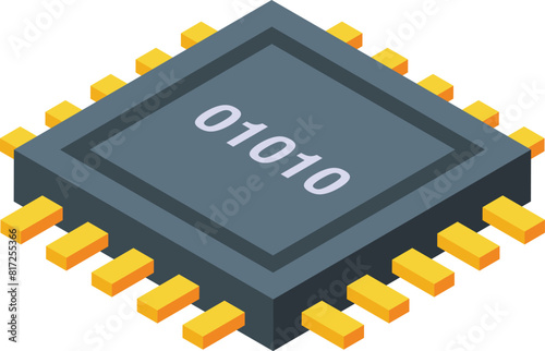 Digital illustration of an isometric 3d microprocessor chip with binary code