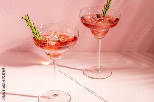 Refreshing cocktail with rosemary in a glass on a bright background. Summer party concept.