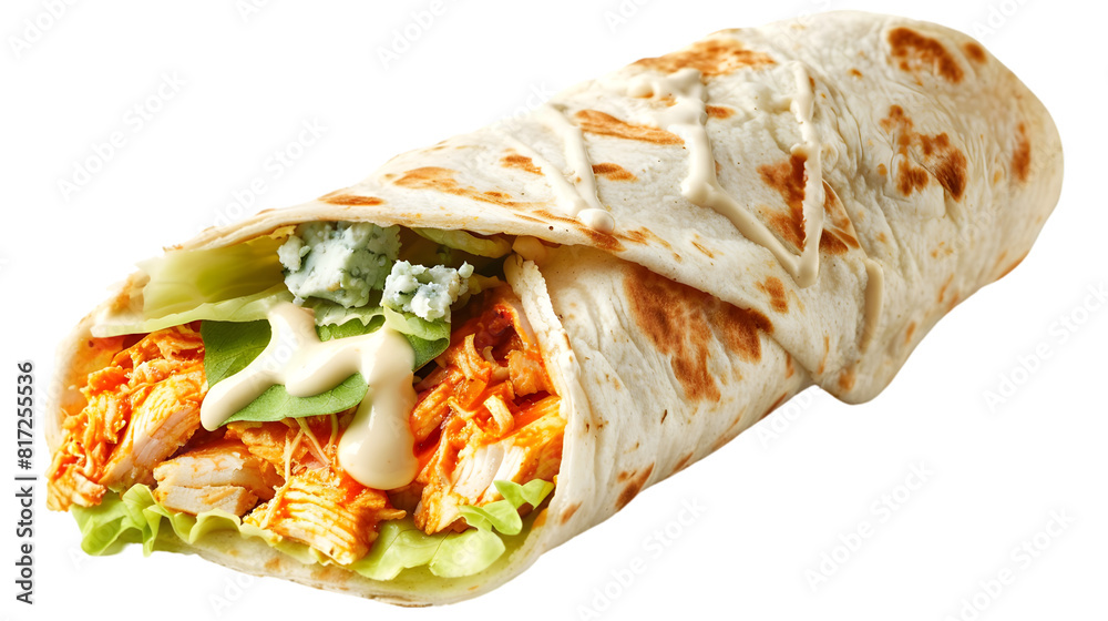 A Buffalo chicken wrap bursting with spicy buffalo chicken, lettuce, and blue cheese crumbles, with a drizzle of ranch dressing, transparent background A Buffalo chicken wrap bursting with spicy buffalo chicken, lettuce, and blue cheese crumbles, with a drizzle of ranch dressing, transparent background