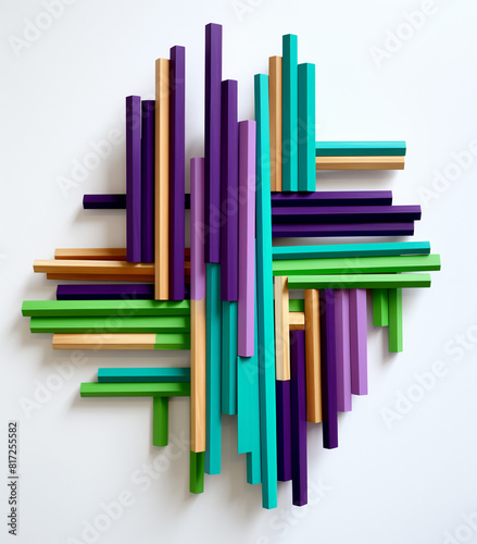 Stack of colorful sticks in purple  green  beige  red and other colors. 