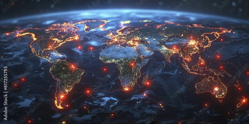 Glowing digital connections map for showcasing internet service coverage.