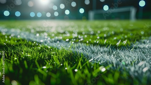 Close up soccer field lines. Background soccer pitch grass football stadium ground view. Grass macro in sports arena. with lights background photo