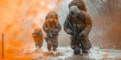 Special forces soldiers in army crossing water in stormy weather. Concept Military Training  Extreme Conditions  Special Forces Operations  Survival Skills  Tactical Water Crossing