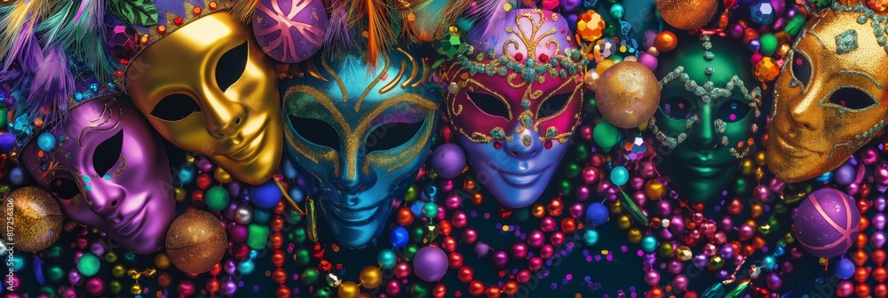 Festive carnival masks and shiny colorful beads, vibrant Mardi Gras celebration background Festive carnival masks and shiny colorful beads, vibrant Mardi Gras celebration background