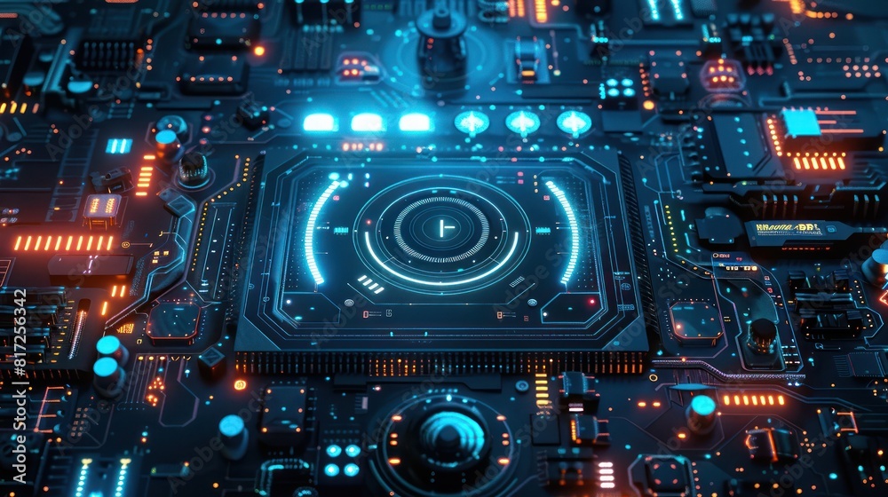 The image is depicting a close-up view of a futuristic electronic circuit board with glowing blue and orange lights. The image is depicting a close-up view of a futuristic electronic circuit board with glowing blue and orange lights.