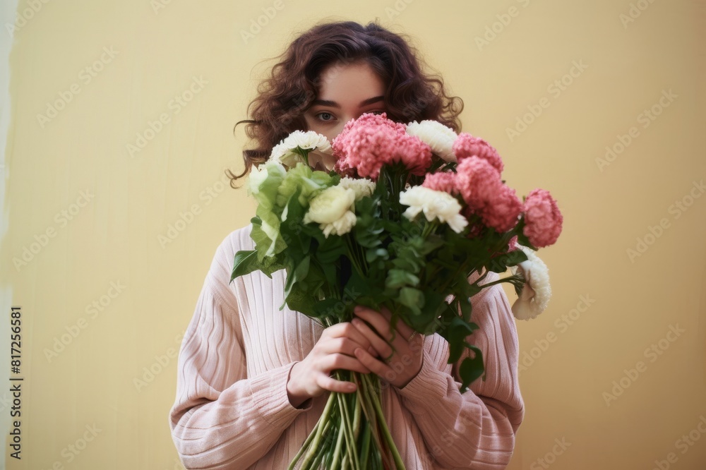 woman holding bouquet of flowers woman holding bouquet of flowers