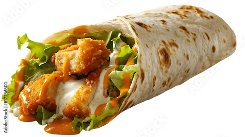  A Buffalo chicken wrap carefully presented with buffalo chicken, lettuce, and cheese, oozing with ranch dressing, transparent background