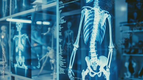 Full-body human skeleton X-ray displayed on a digital screen, with the background showing a blurred image of what appears to be a medical or scientific setting, possibly a hospital or laboratory