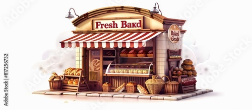 Charming Bakery Storefront with Striped Awning and Fresh Baked Goods Display photo