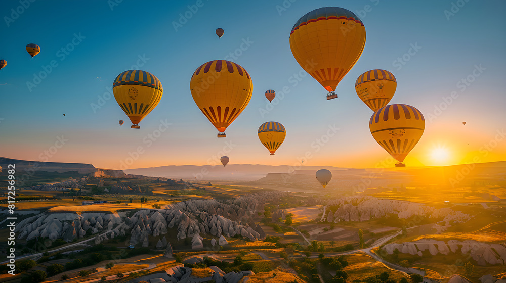 Gorgeous Display of Yellow Hot Air Balloons Adrift Over Serene Landscape