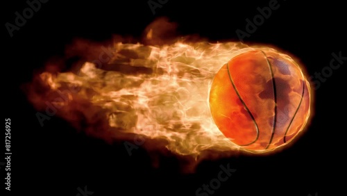 Animated fire ball. Blazing Basketball on air rotating in loop on its axis with bright flame tail. Dark background. 3D render.