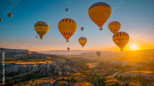 Gorgeous Display of Yellow Hot Air Balloons Adrift Over Serene Landscape © Dora
